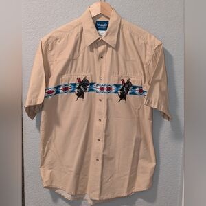Men’s Western Wrangler Shirt With Rider And Bull Pearl Snap Size Large